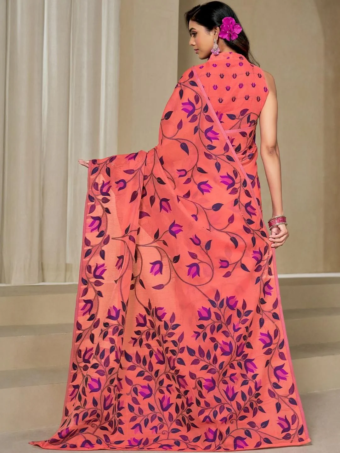KALINI Orange Pure Cotton Woven Design Sarees - Image 3
