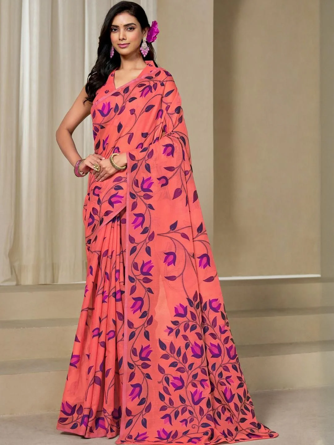 KALINI Orange Pure Cotton Woven Design Sarees - Image 5