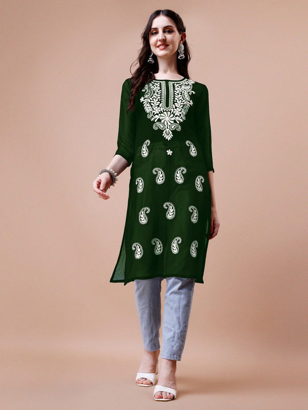 KALINI Paisley Embroidered Chikankari Straight Kurta