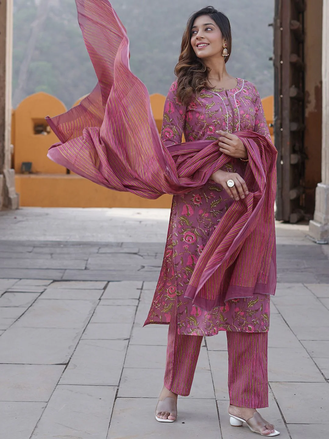 KALINI Printed Sequinned Notch Neck Pure Cotton Straight Kurta with Trousers & Dupatta - Image 3