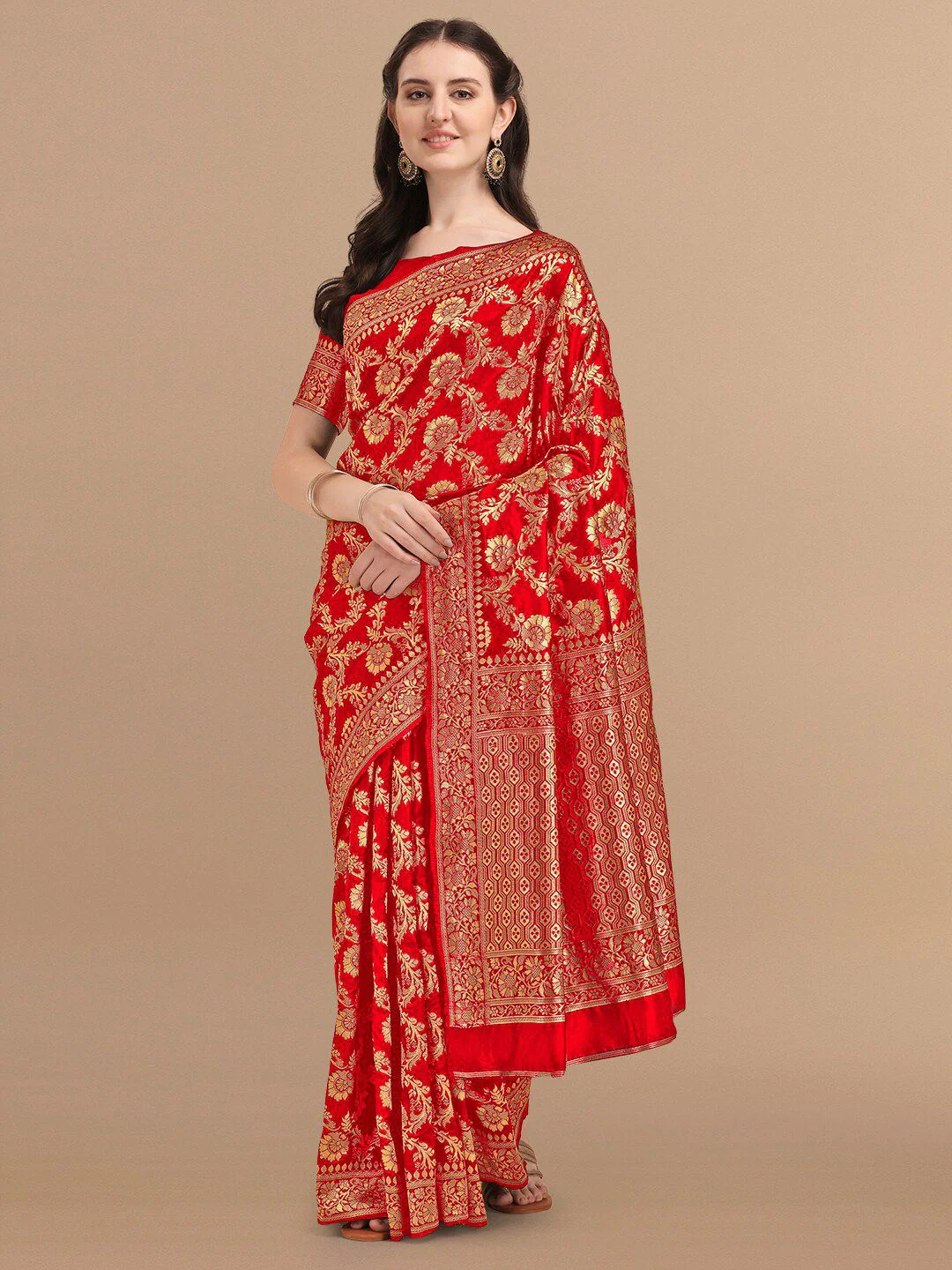 KALINI Red & Golden Floral Zari Silk Blend Banarasi Saree