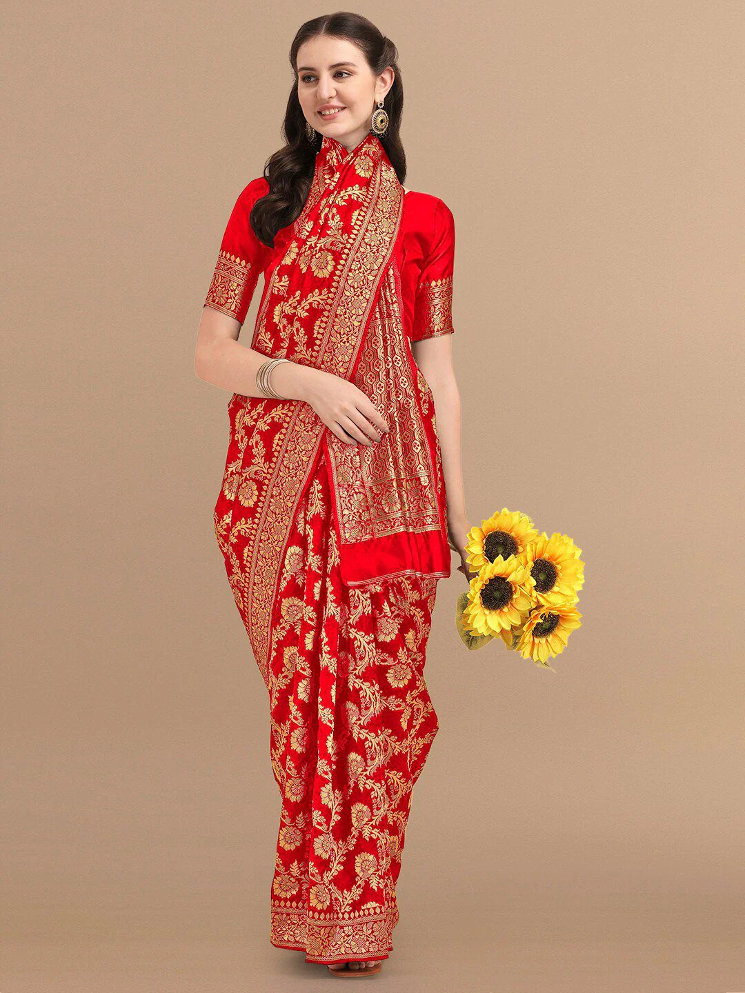 KALINI Red & Golden Floral Zari Silk Blend Banarasi Saree - Image 2