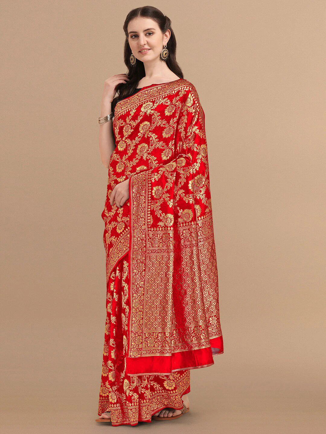KALINI Red & Golden Floral Zari Silk Blend Banarasi Saree - Image 3