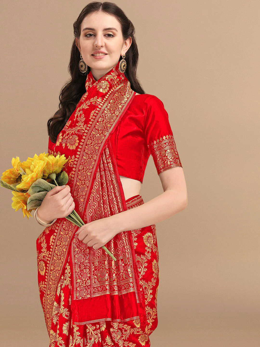 KALINI Red & Golden Floral Zari Silk Blend Banarasi Saree - Image 4