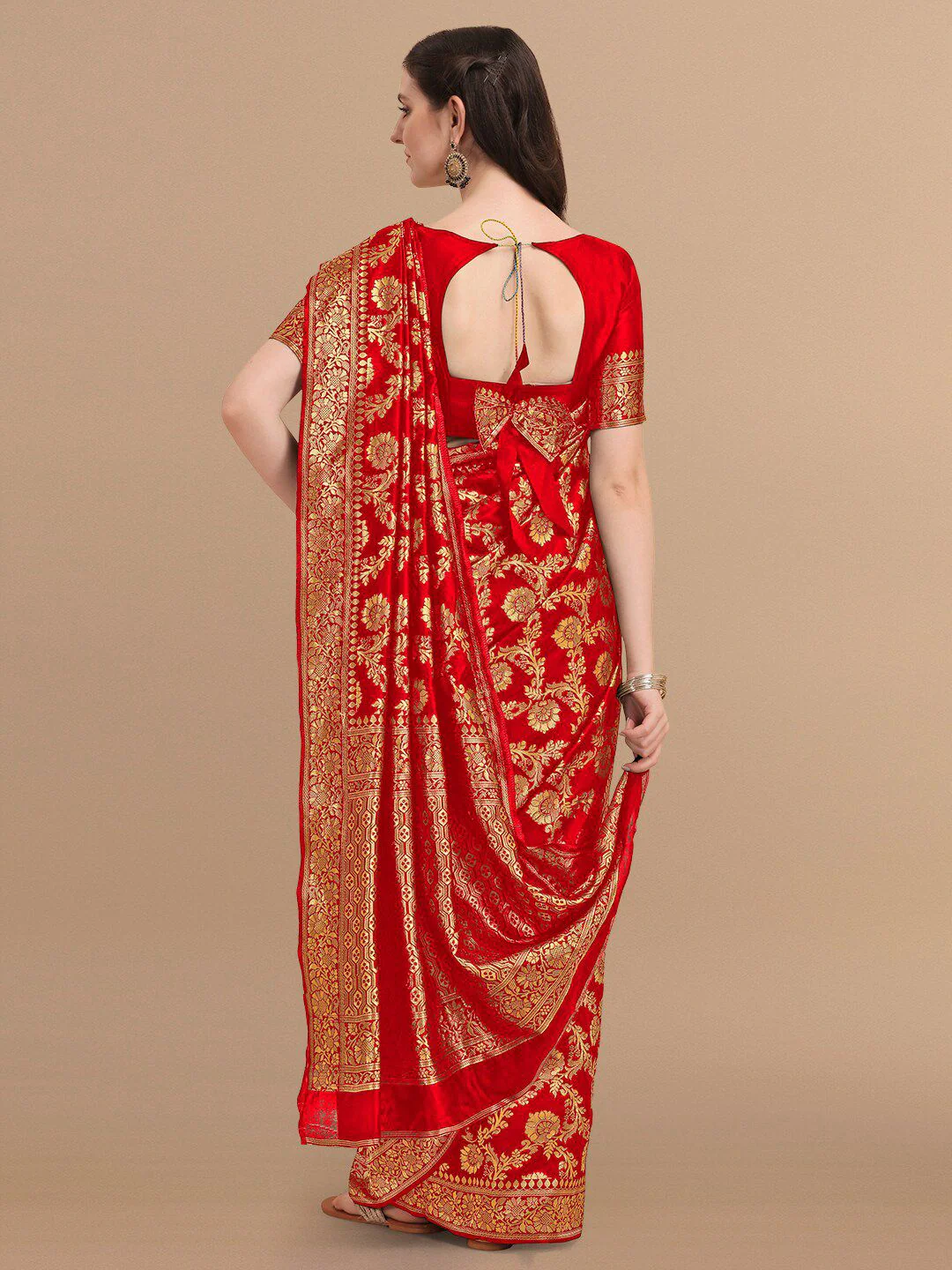 KALINI Red & Golden Floral Zari Silk Blend Banarasi Saree - Image 5