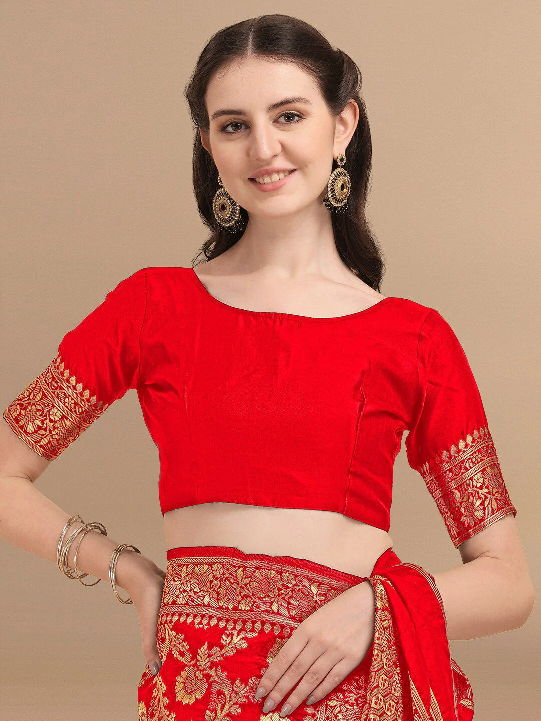 KALINI Red & Golden Floral Zari Silk Blend Banarasi Saree - Image 6