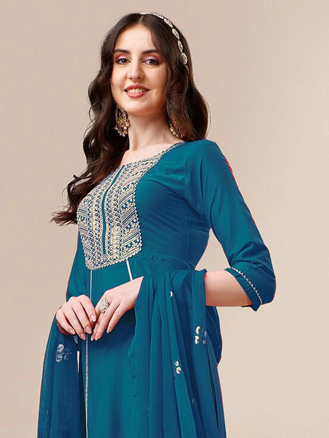 KALINI Round Neck Embroidered Gotta Patti Straight Kurta with Palazzos & With Dupatta - Image 2