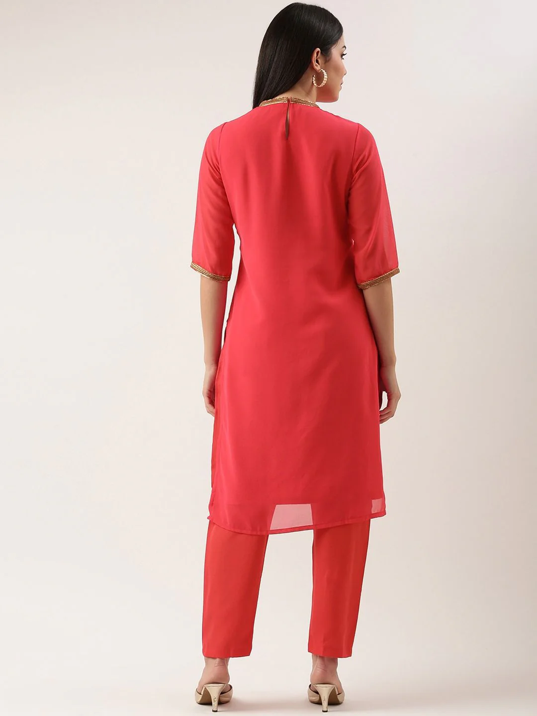 KALINI Round Neck Ethnic Motifs Regular Sequinned Kurta with Trousers - Image 4