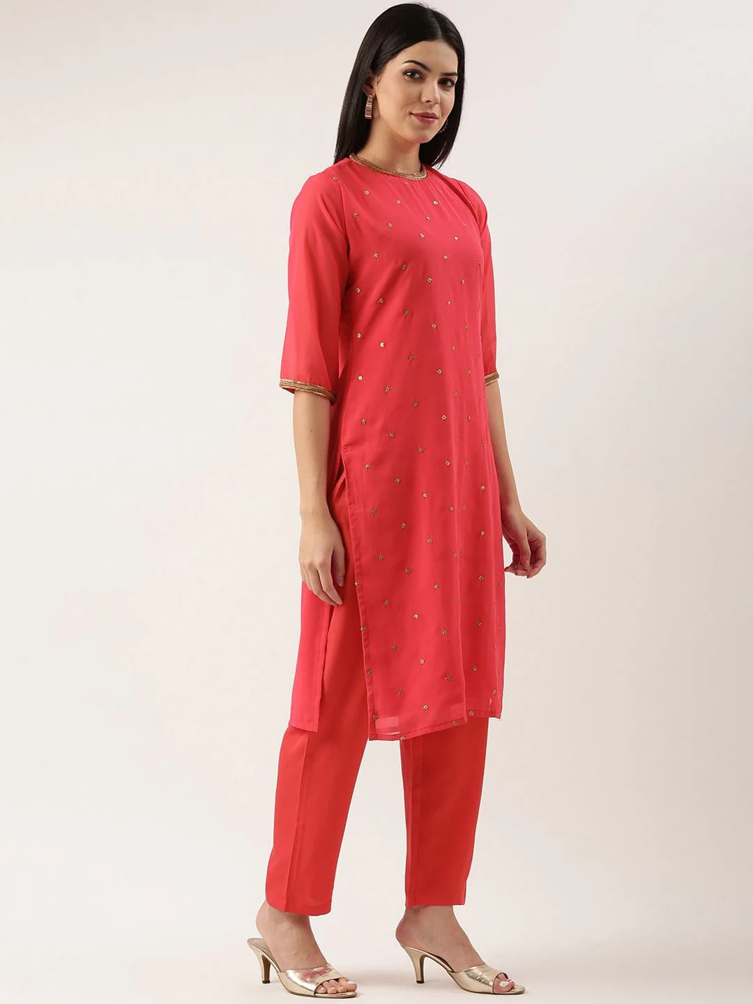 KALINI Round Neck Ethnic Motifs Regular Sequinned Kurta with Trousers - Image 5