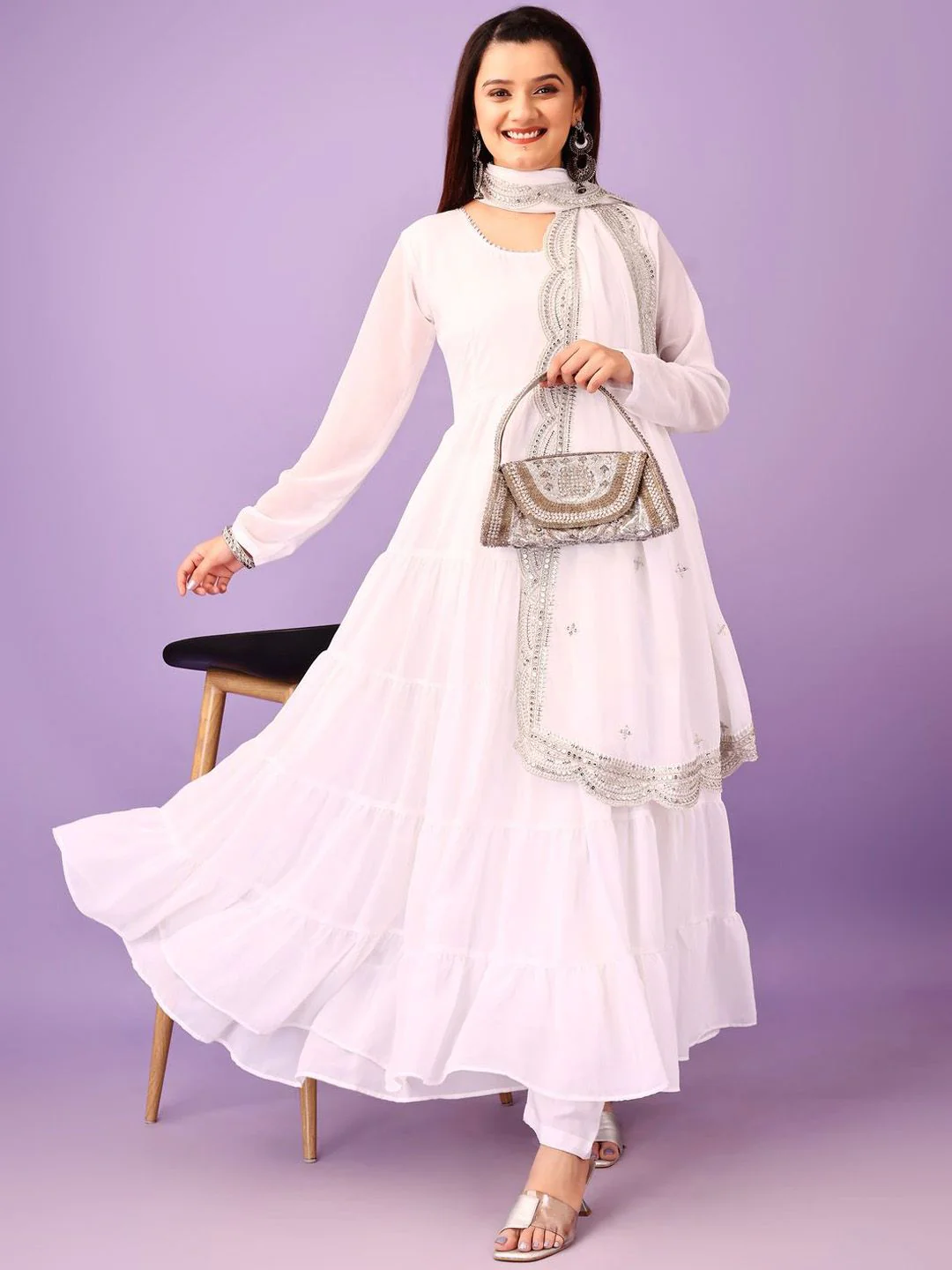 KALINI Round Neck Tiered Gotta Patti Anarakli Kurta With Trousers & Dupatta - Image 6
