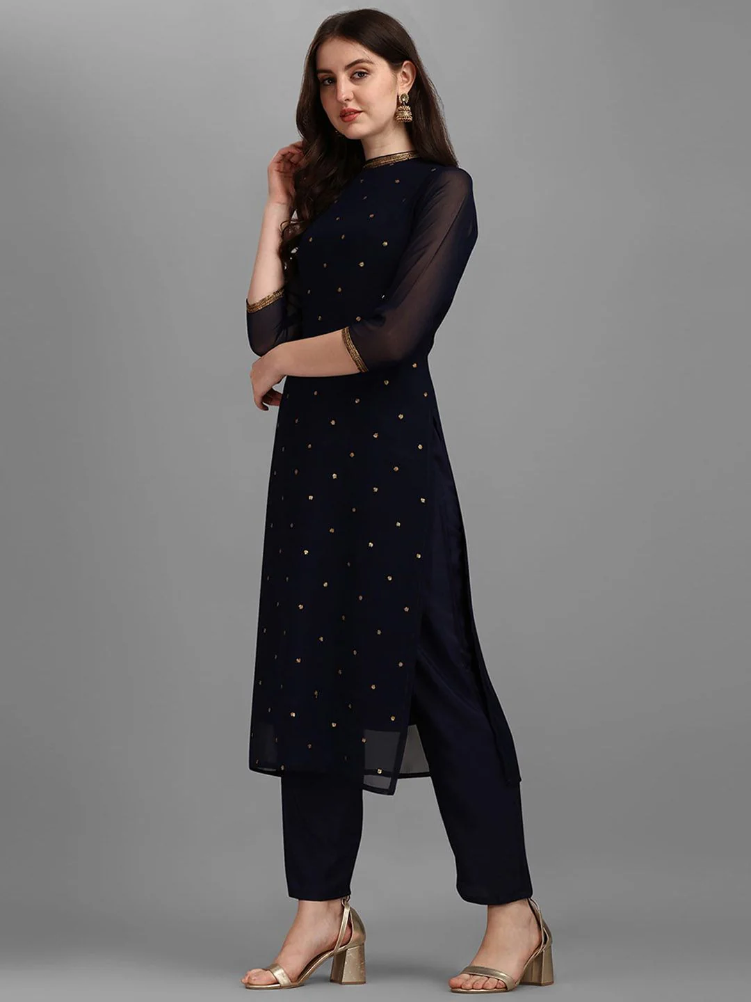 KALINI Sequin Embellished Straight Kurta with Trousers - Image 3
