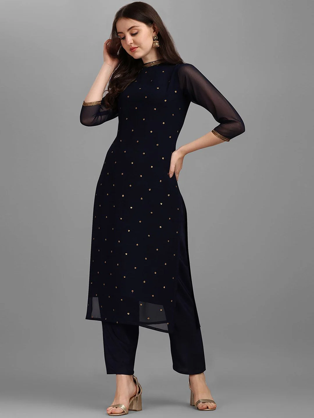 KALINI Sequin Embellished Straight Kurta with Trousers - Image 4