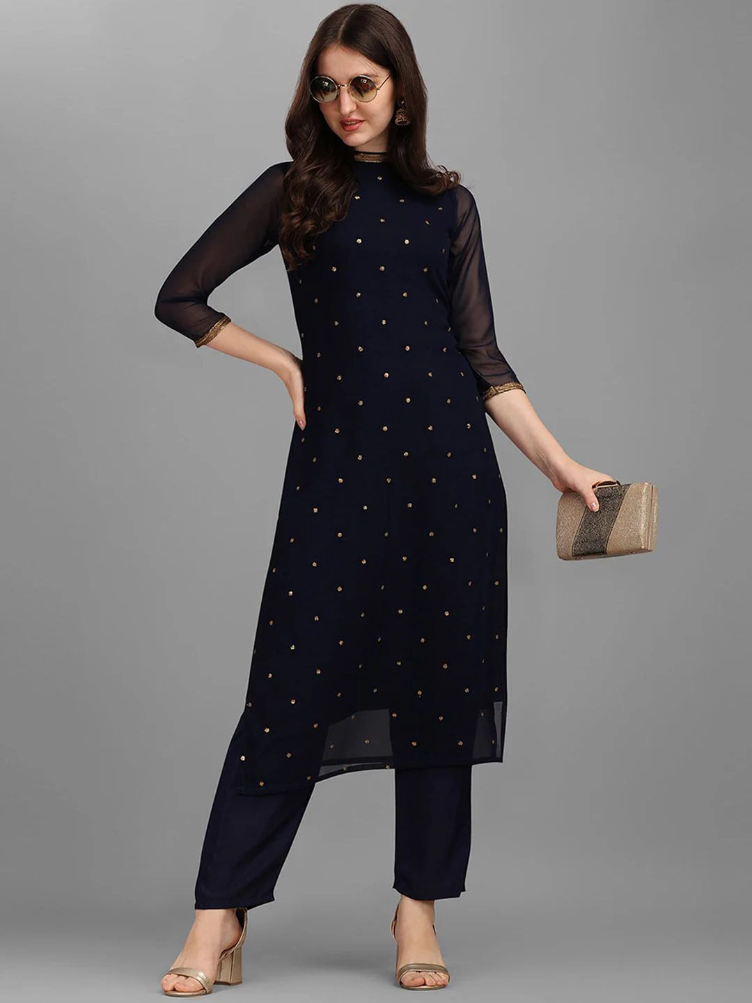 KALINI Sequin Embellished Straight Kurta with Trousers - Image 6