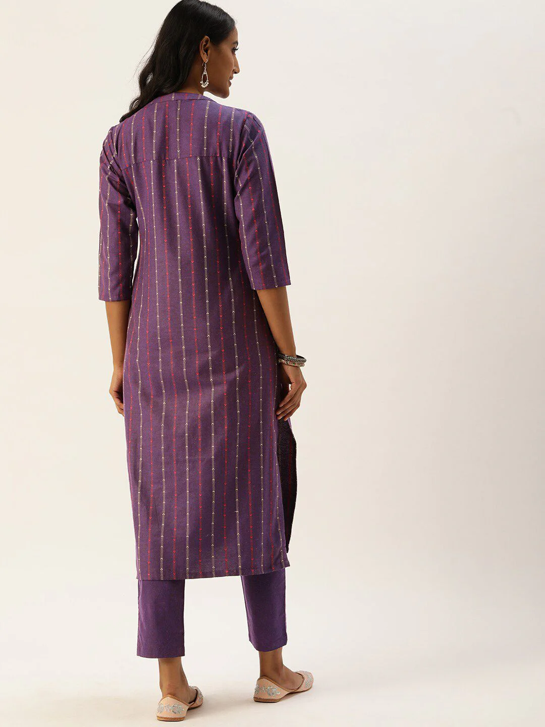 KALINI Striped Printed Mandarin Collar Three-Quarter SleevesThread Work Kurta Set - Image 4