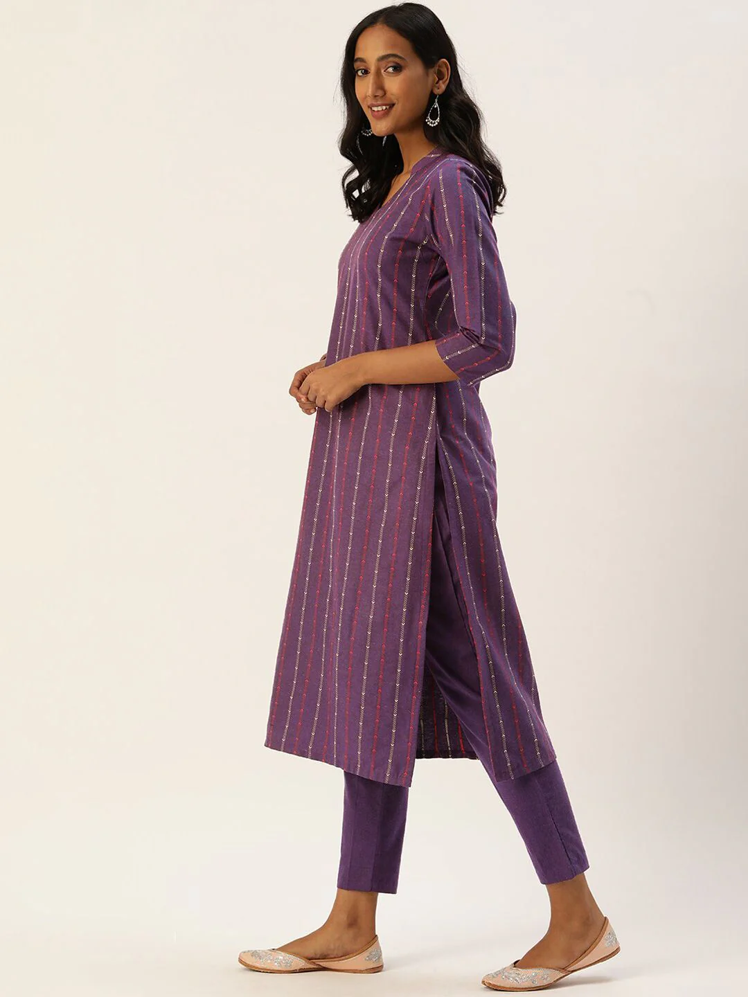 KALINI Striped Printed Mandarin Collar Three-Quarter SleevesThread Work Kurta Set - Image 5