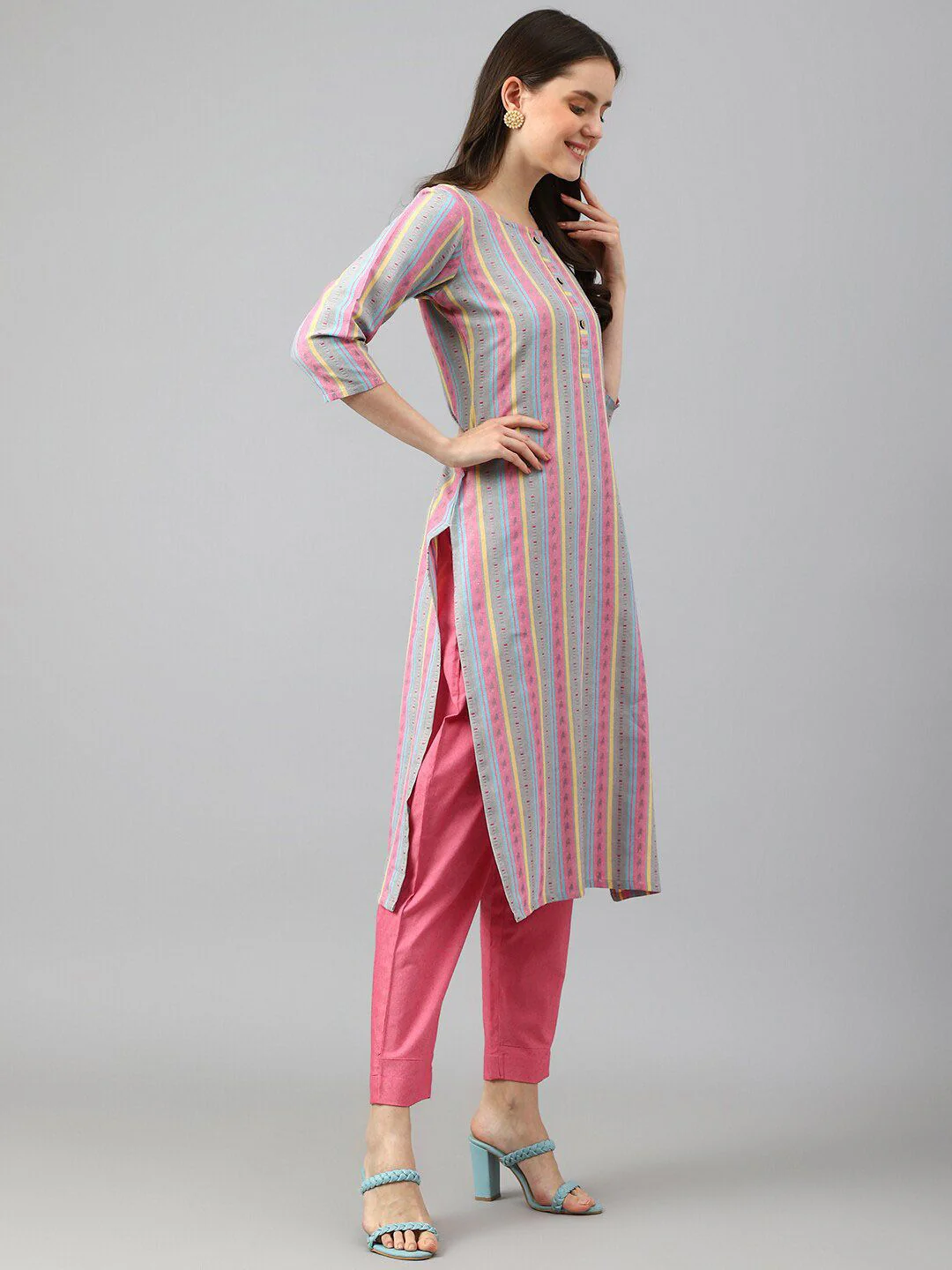 KALINI Striped Straight Kurta with Trousers - Image 5
