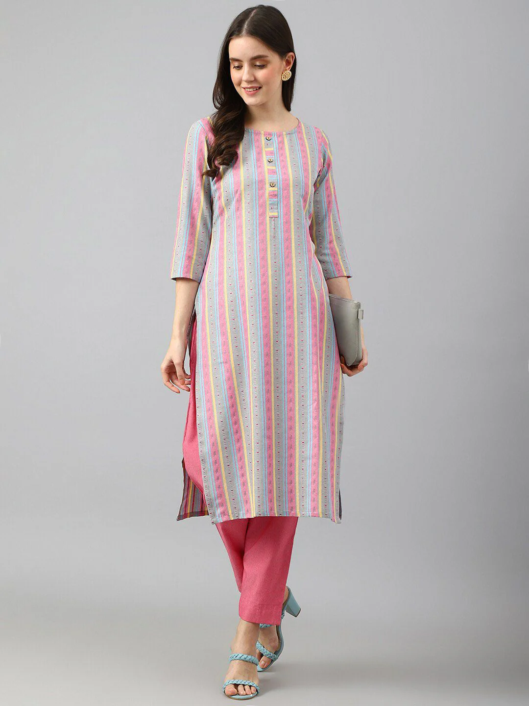 KALINI Striped Straight Kurta with Trousers - Image 7