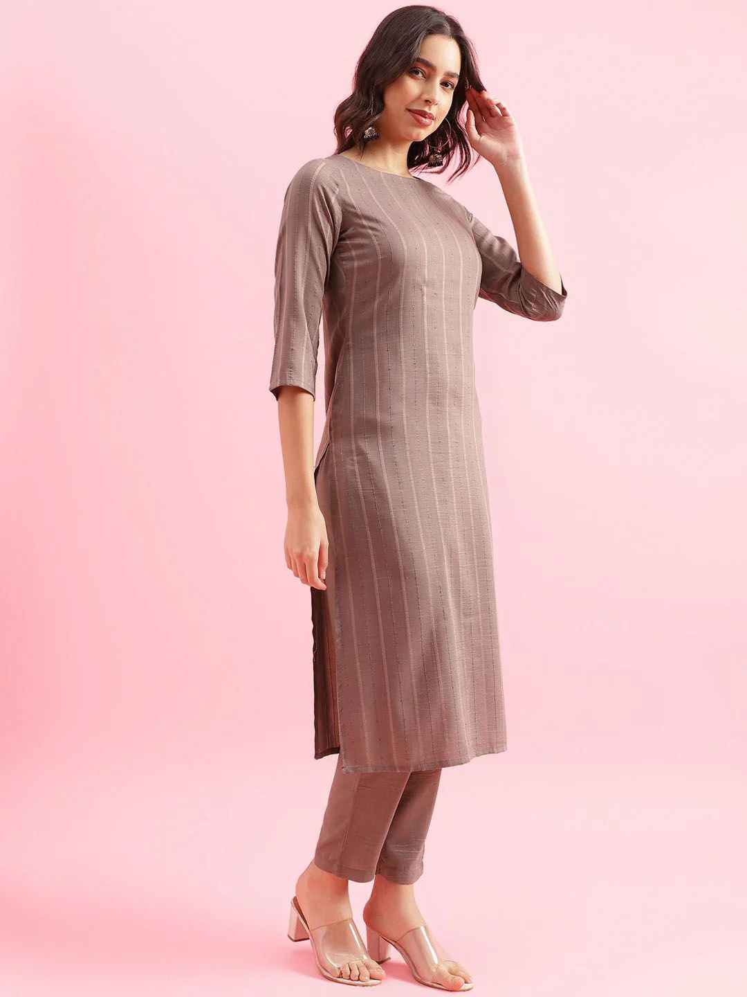 KALINI Striped Woven Design Kurta with Trousers - Image 3