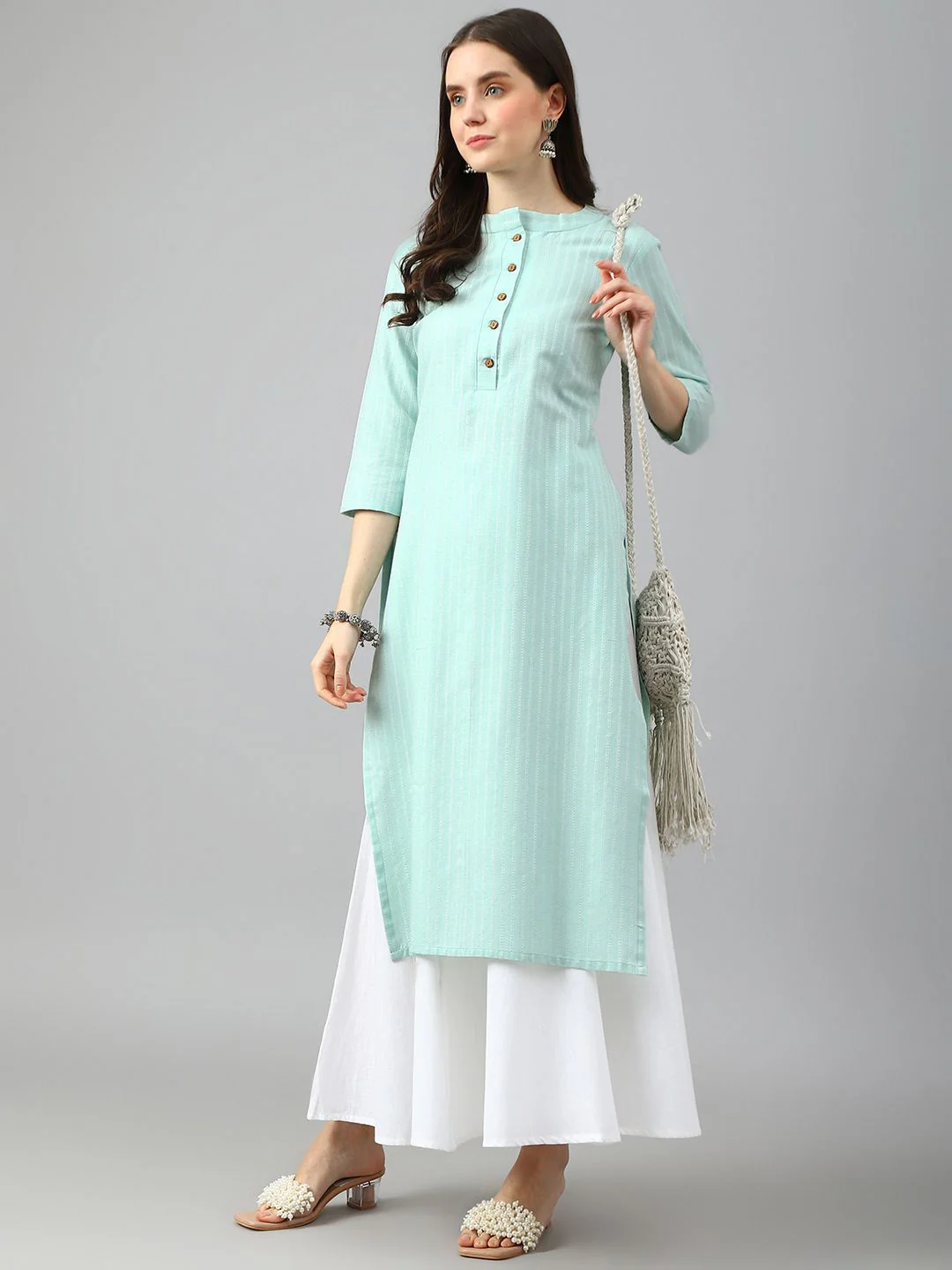 KALINI Striped Woven Design Mandarin Collar Three-Quarter Sleeves Straight Kurta - Image 6