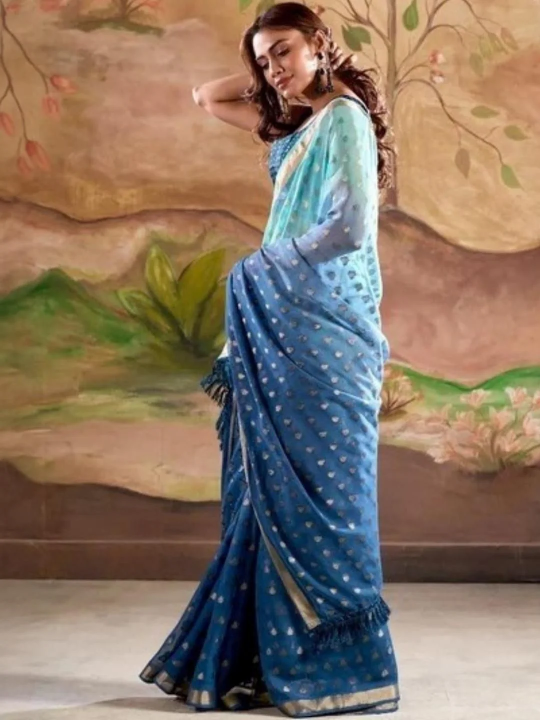 KALINI Teal Poly Georgette Sarees - Image 2