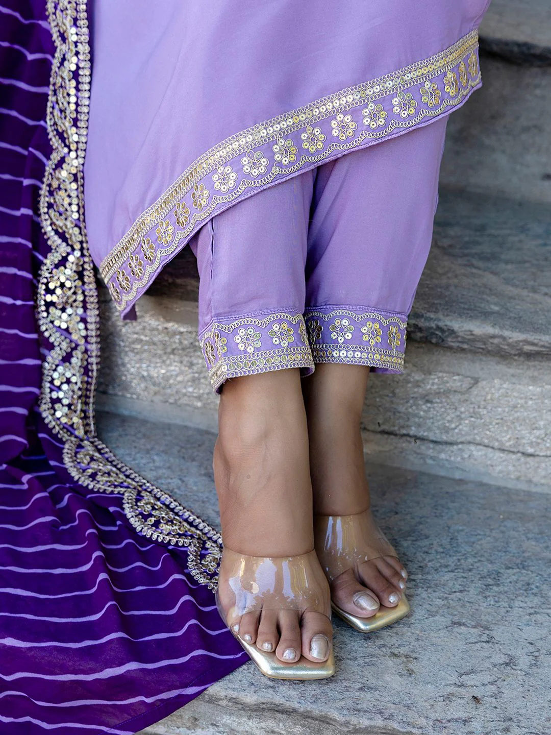 KALINI V-Neck Zari Mirror Work Kurta with Trousers & Dupatta - Image 3
