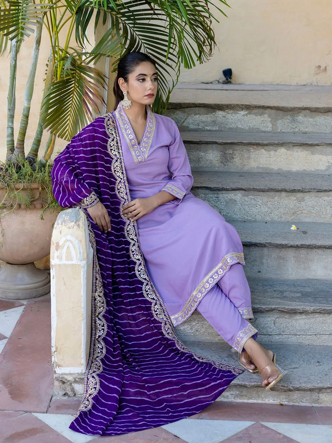 KALINI V-Neck Zari Mirror Work Kurta with Trousers & Dupatta - Image 4