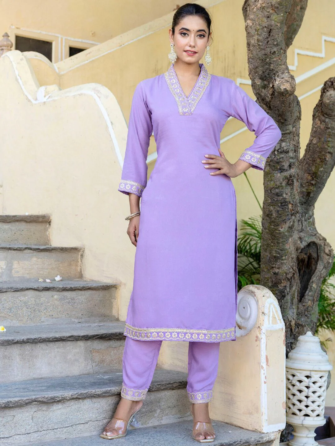 KALINI V-Neck Zari Mirror Work Kurta with Trousers & Dupatta - Image 6