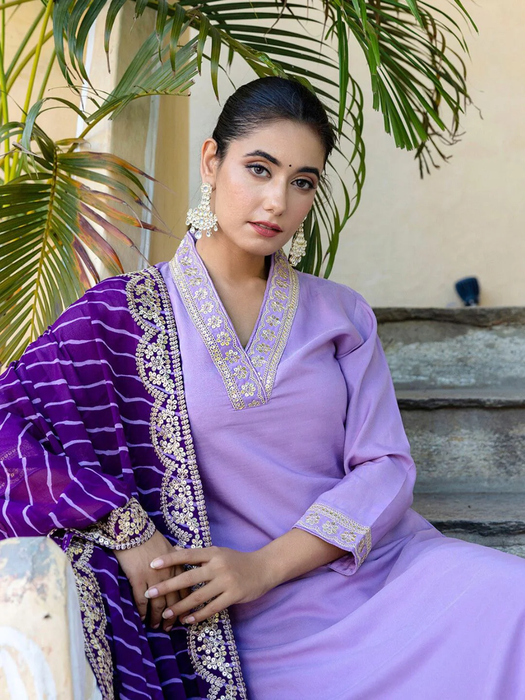 KALINI V-Neck Zari Mirror Work Kurta with Trousers & Dupatta - Image 7
