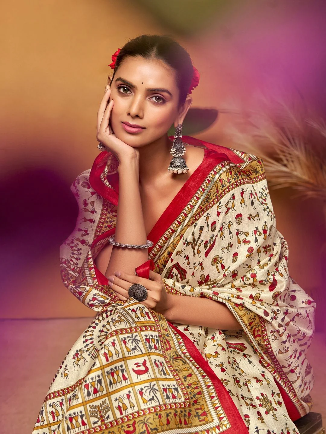 KALINI Warli Art Silk Block Print Saree - Image 6