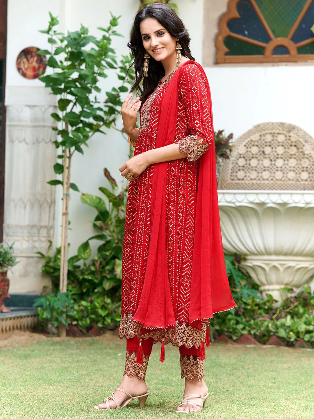 KALINI Women Bandhani Embroidered Panelled Sequinned Kurta with Trousers & With Dupatta - Image 5
