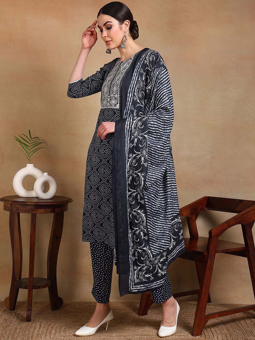KALINI Women Bandhani Printed Regular Thread Work Kurta with Trousers & With Dupatta - Image 4