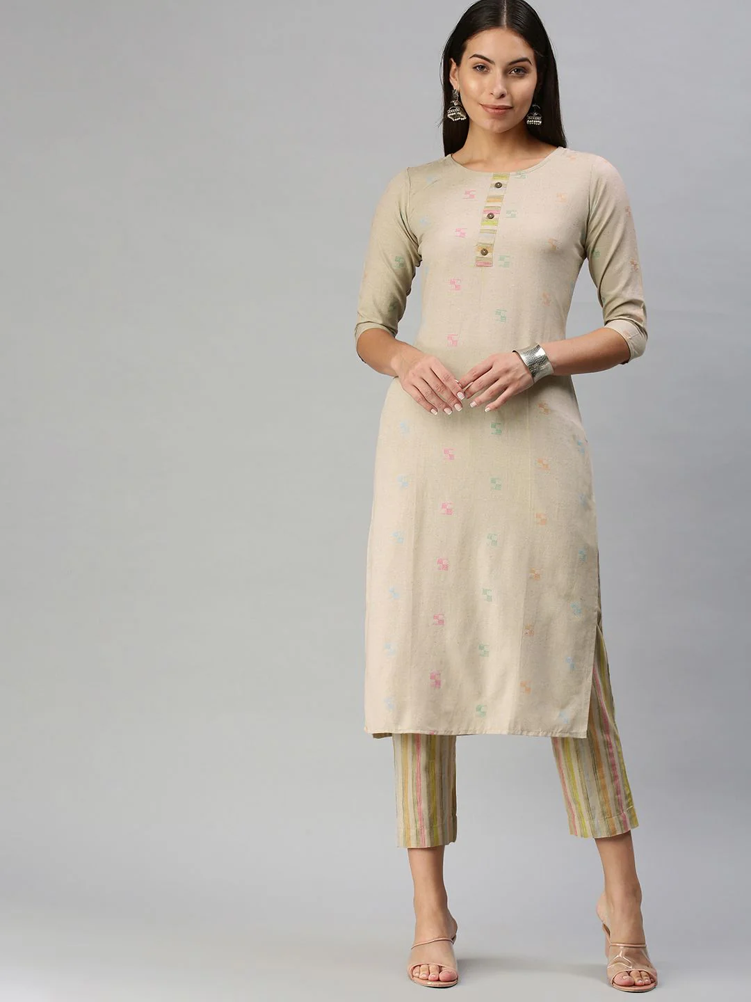 KALINI Women Beige Pure Cotton Kurta with Trousers - Image 6
