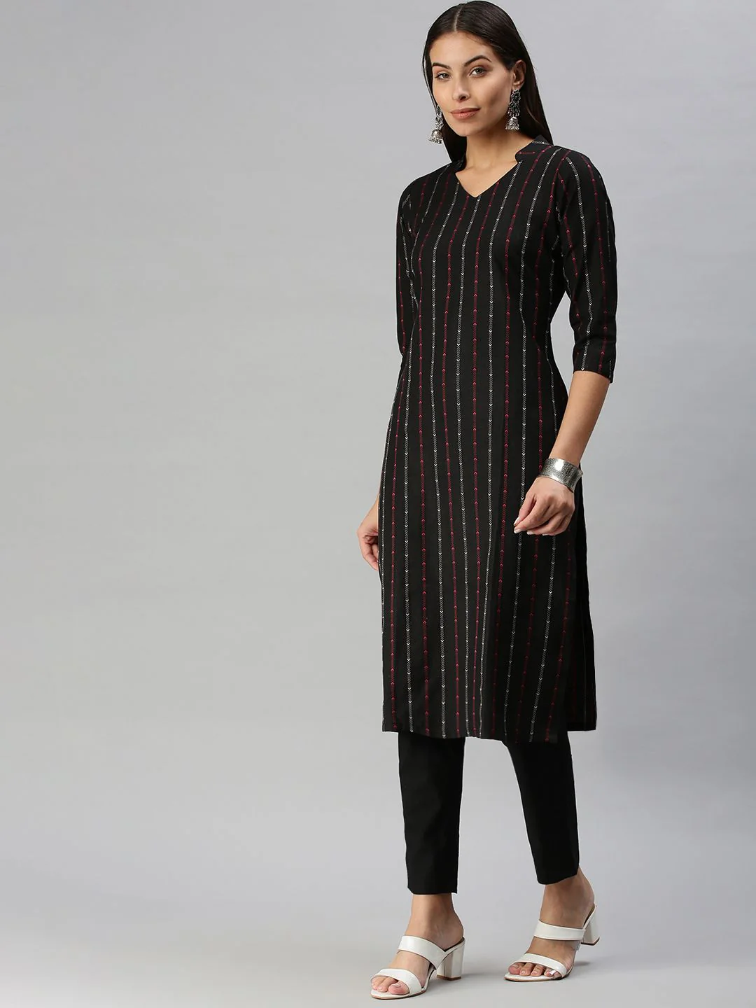 KALINI Women Black Pure Cotton Kurta with Trousers - Image 5