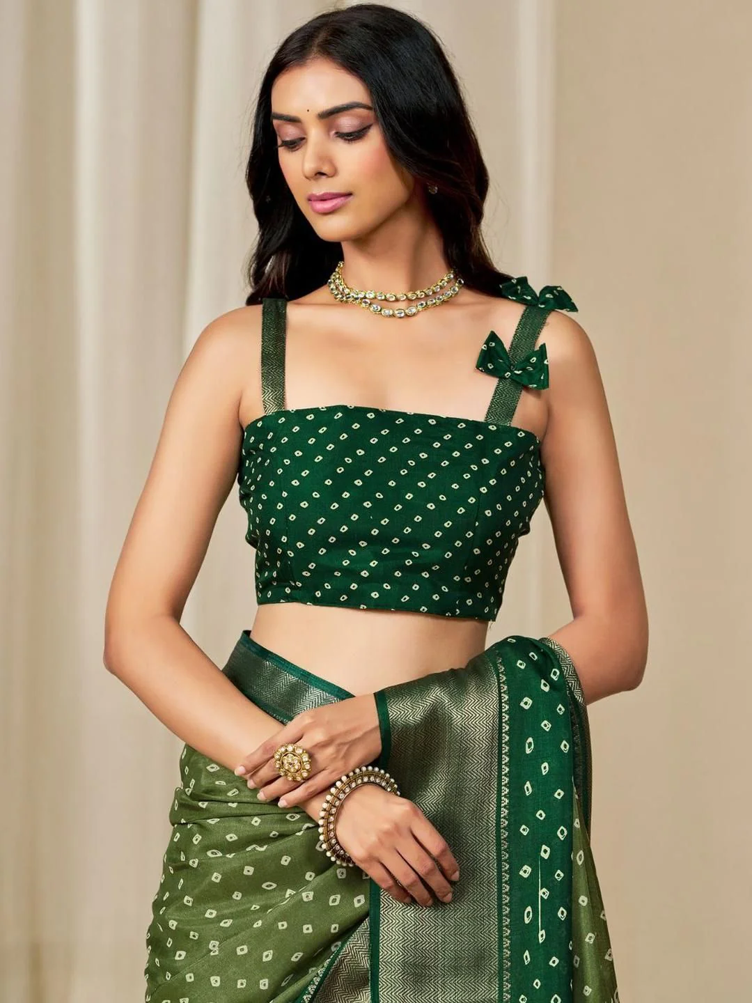 Kalini Women Dola Silk Bandhani Print Zari border Saree - Image 2