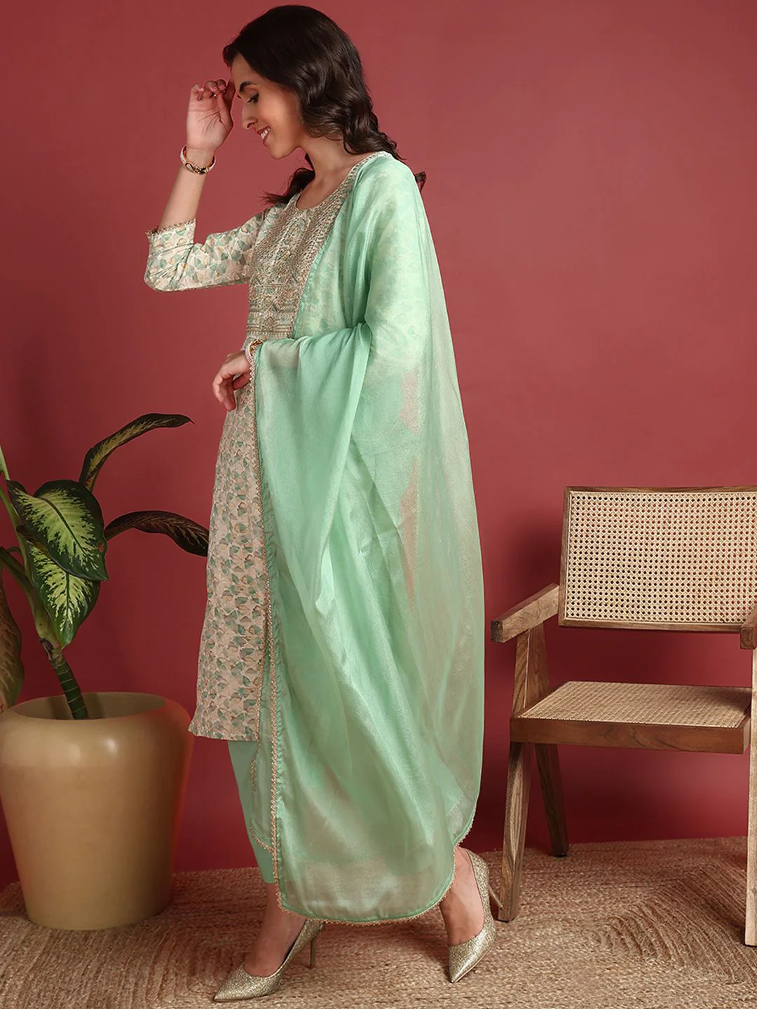 KALINI Women Embroidered Regular Kurta with Trousers & With Dupatta - Image 7