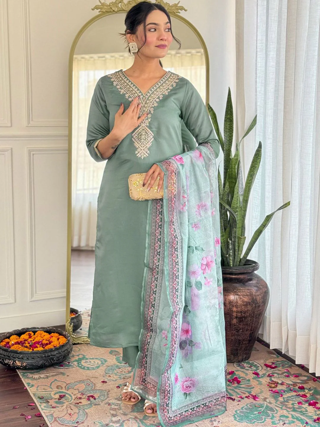 KALINI Women Embroidered Regular Kurta with Trousers & With Dupatta - Image 4