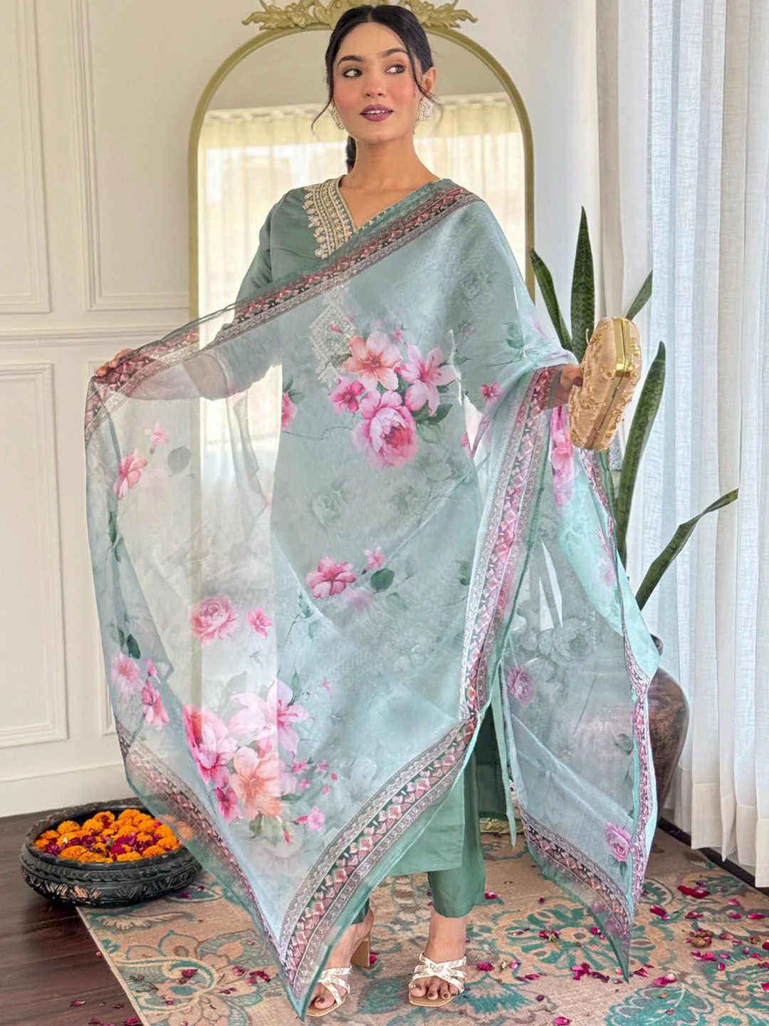 KALINI Women Embroidered Regular Kurta with Trousers & With Dupatta - Image 6