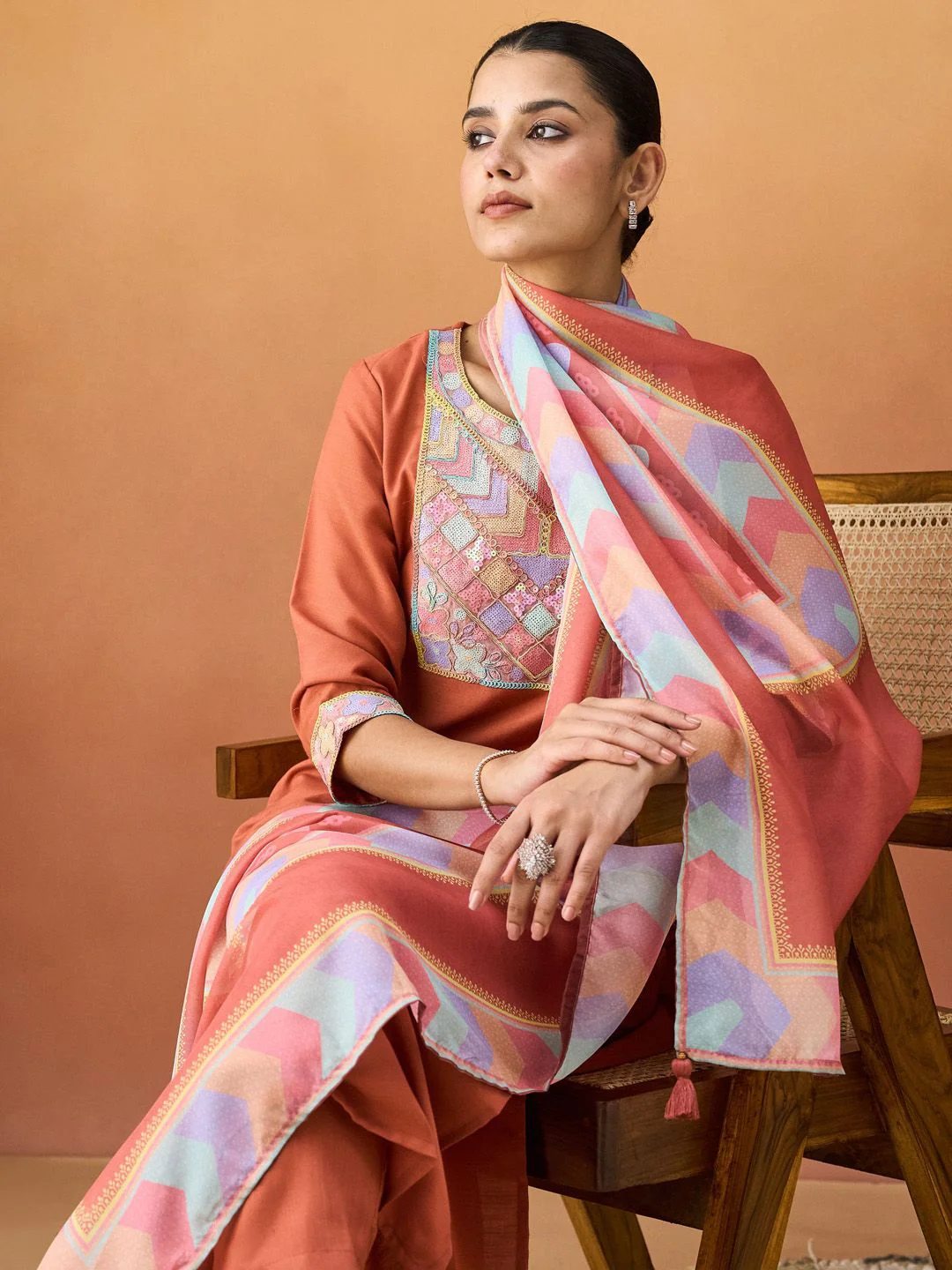 KALINI Women Ethnic Motifs Embroidered Regular Sequinned Kurta with Trousers & With Dupatta - Image 6