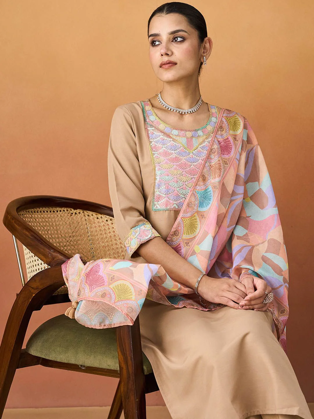 KALINI Women Ethnic Motifs Embroidered Regular Sequinned Kurta with Trousers & With Dupatta - Image 6