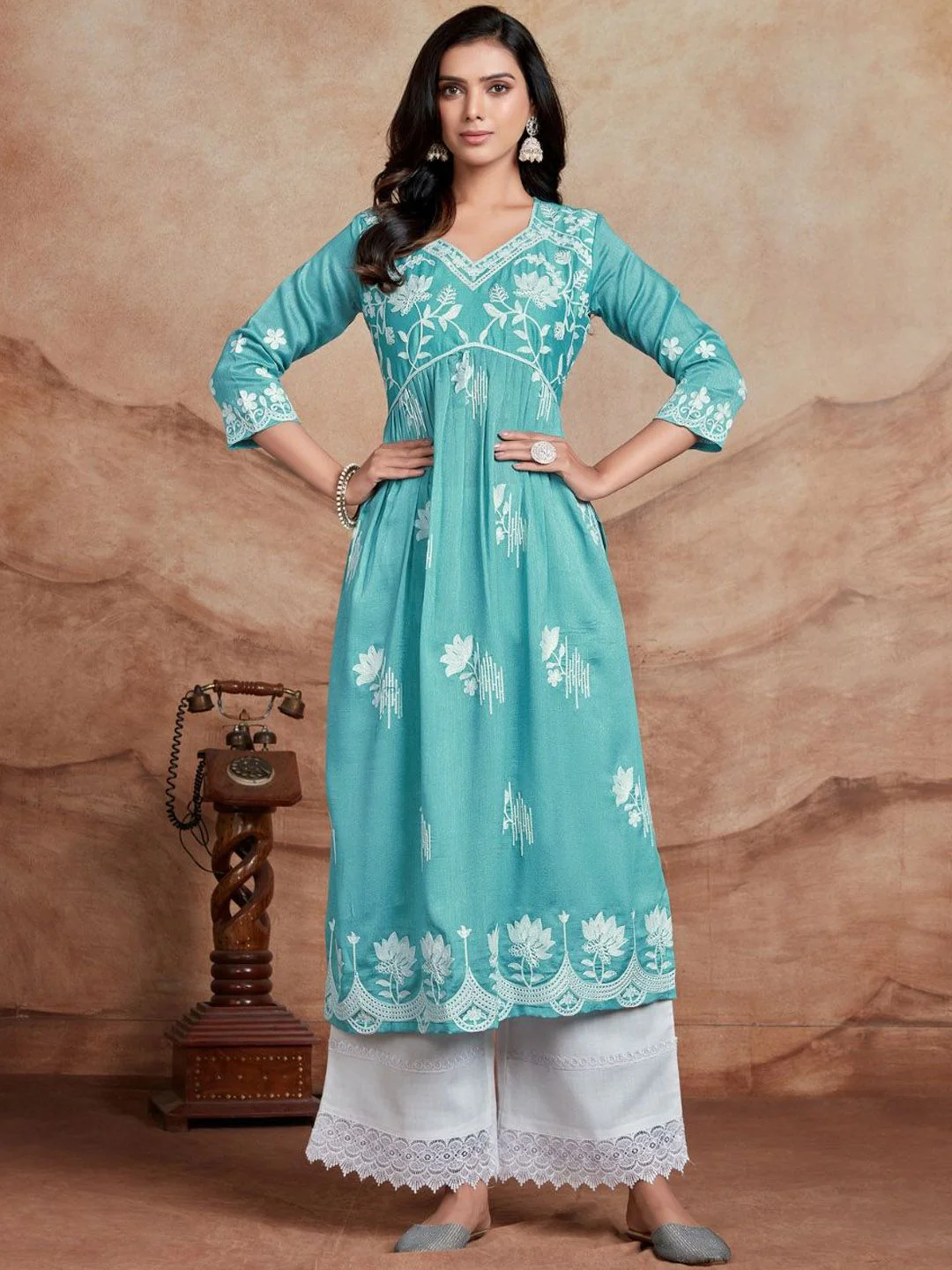 KALINI Women Floral Embroidered Chikankari Summer Sheers Kurta - Image 4