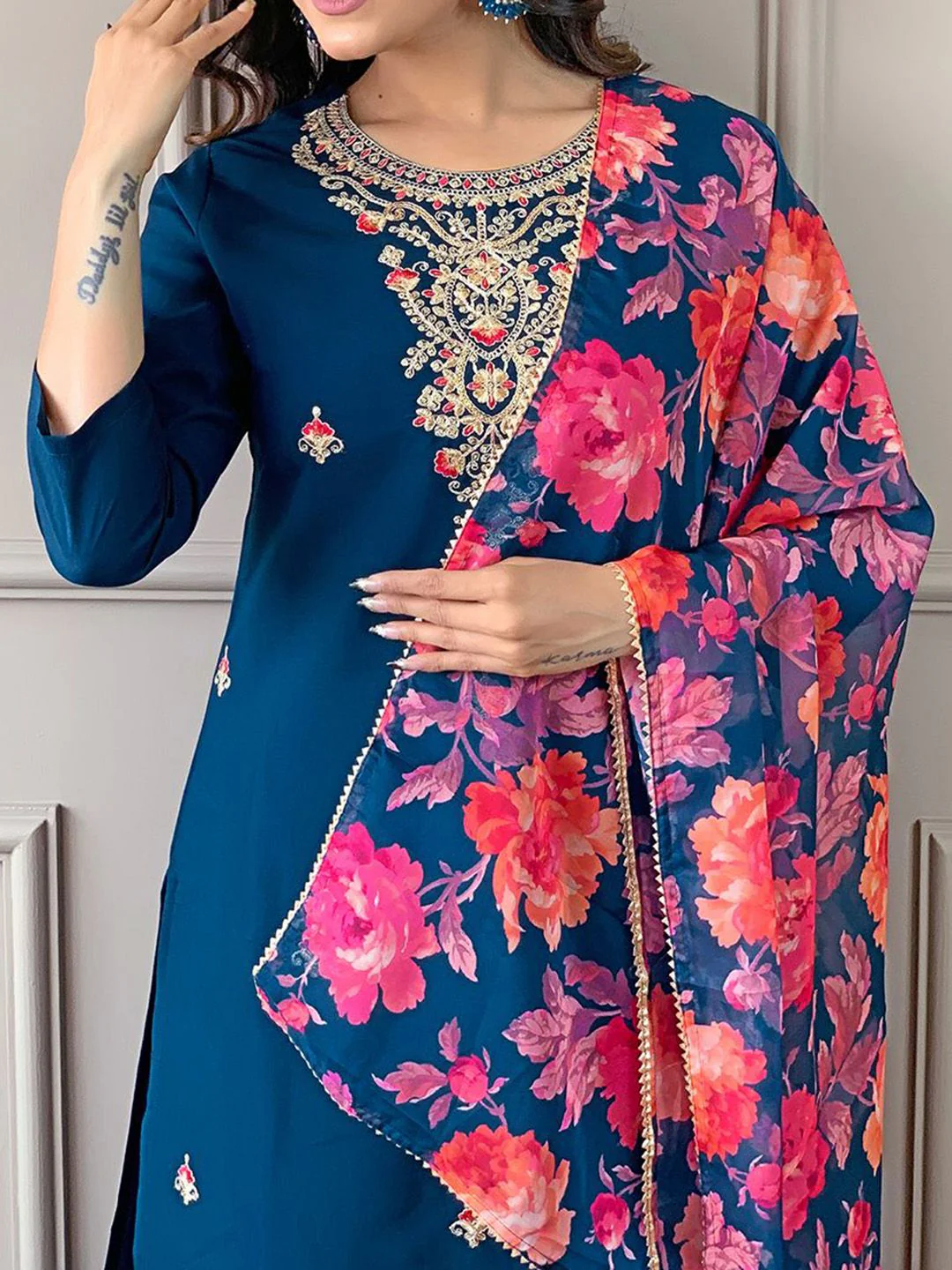 KALINI Women Floral Embroidered Regular Kurta with Trousers & With Dupatta - Image 2