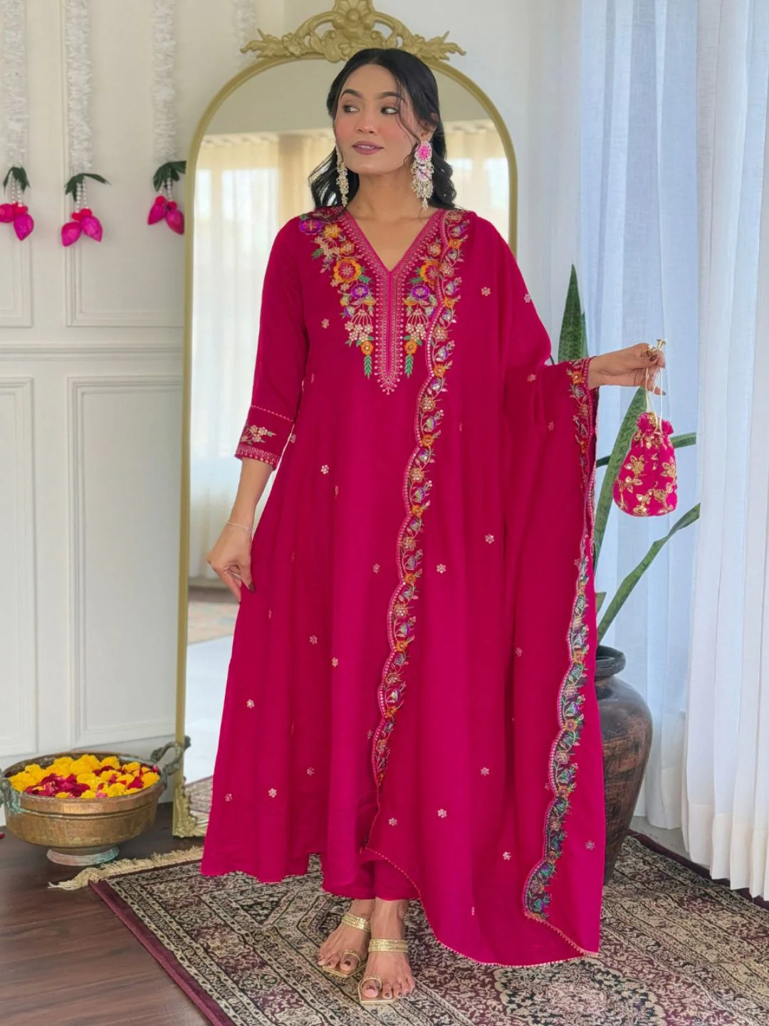 KALINI Women Floral Embroidered Regular Thread Work Kurta with Trousers & With Dupatta - Image 2