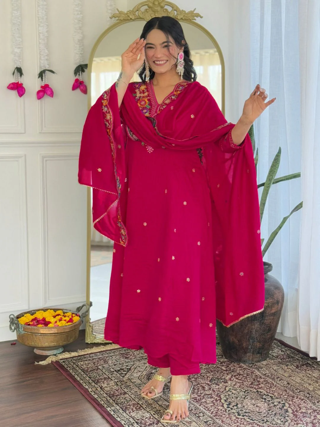 KALINI Women Floral Embroidered Regular Thread Work Kurta with Trousers & With Dupatta - Image 6