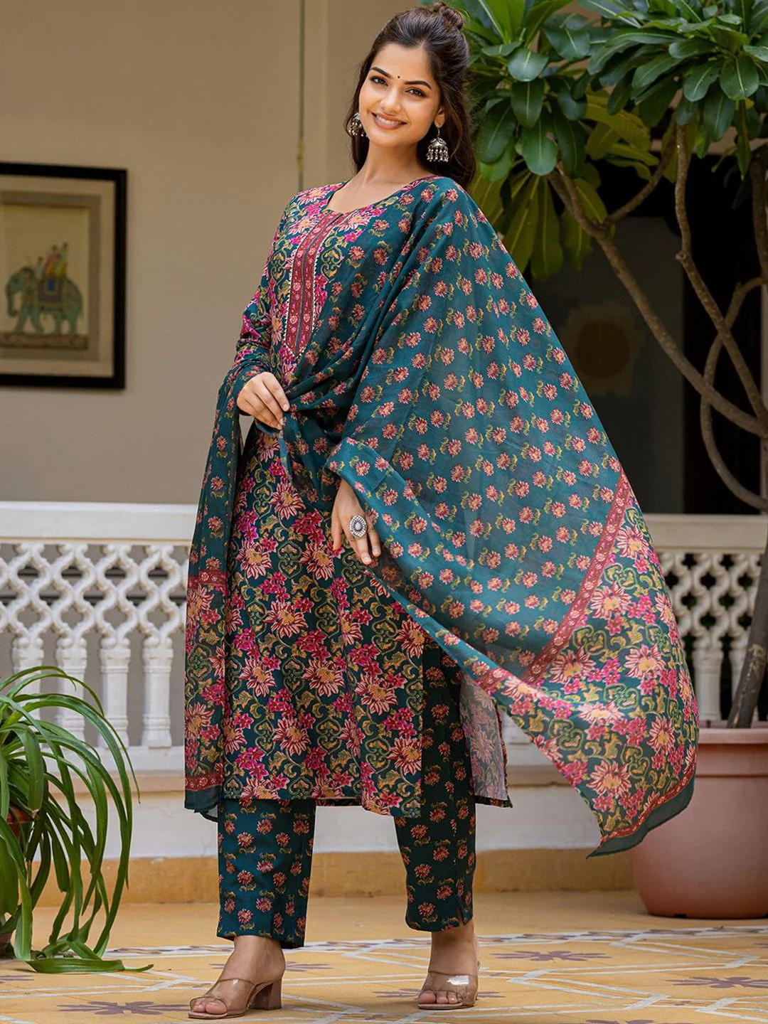 KALINI Women Floral Printed Regular Kurta with Trousers & Dupatta - Image 5