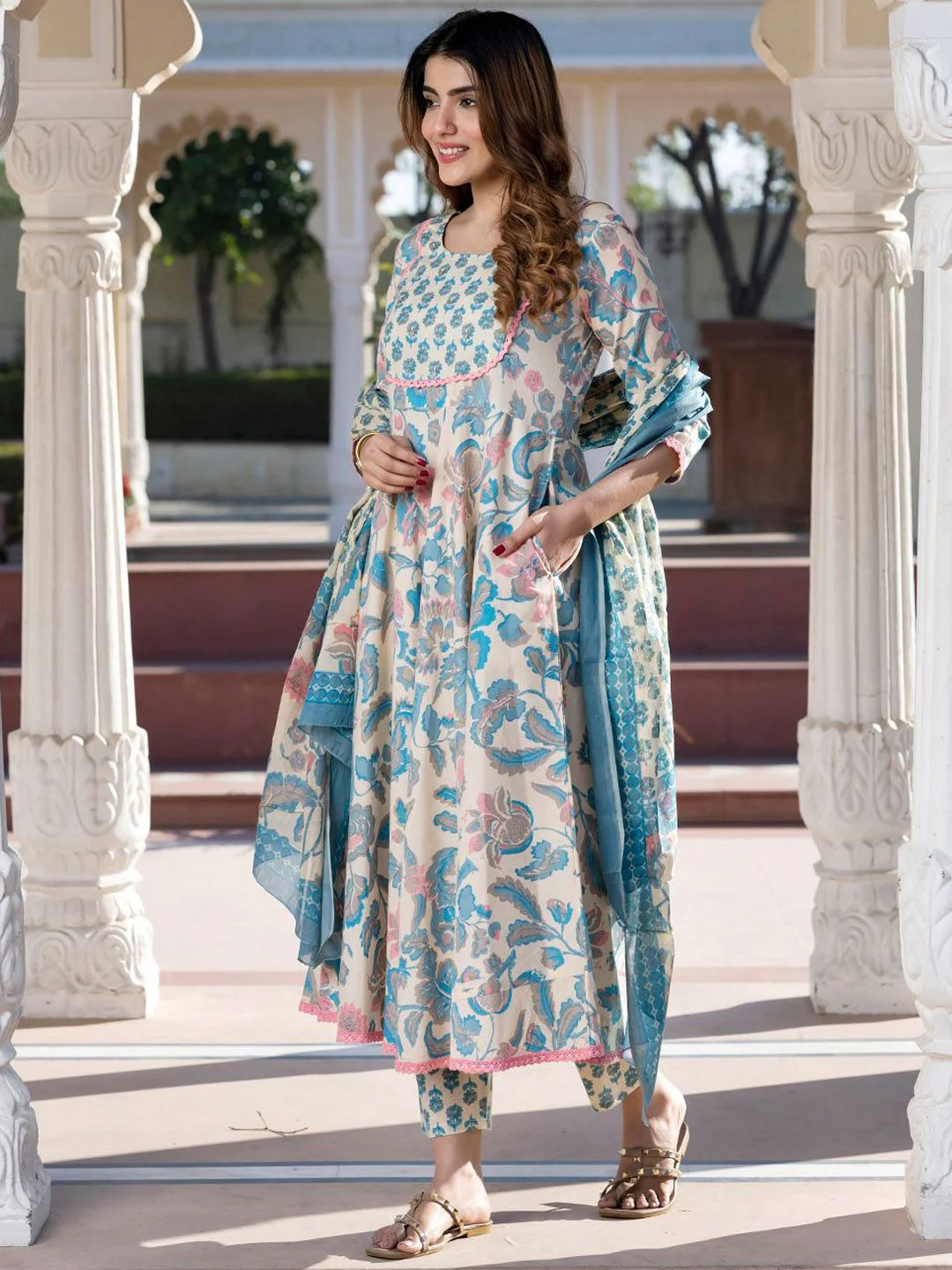 KALINI Women Floral Printed Regular Pure Cotton Kurta with Trousers & With Dupatta - Image 6