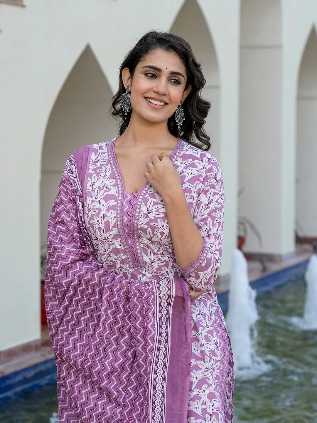 KALINI Women Floral Printed Regular Pure Cotton Kurta with Trousers & With Dupatta - Image 2