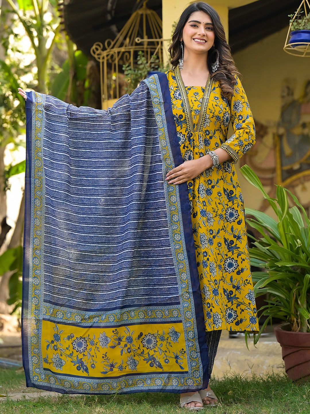 KALINI Women Floral Printed Regular Thread Work Kurta with Trousers & With Dupatta - Image 4
