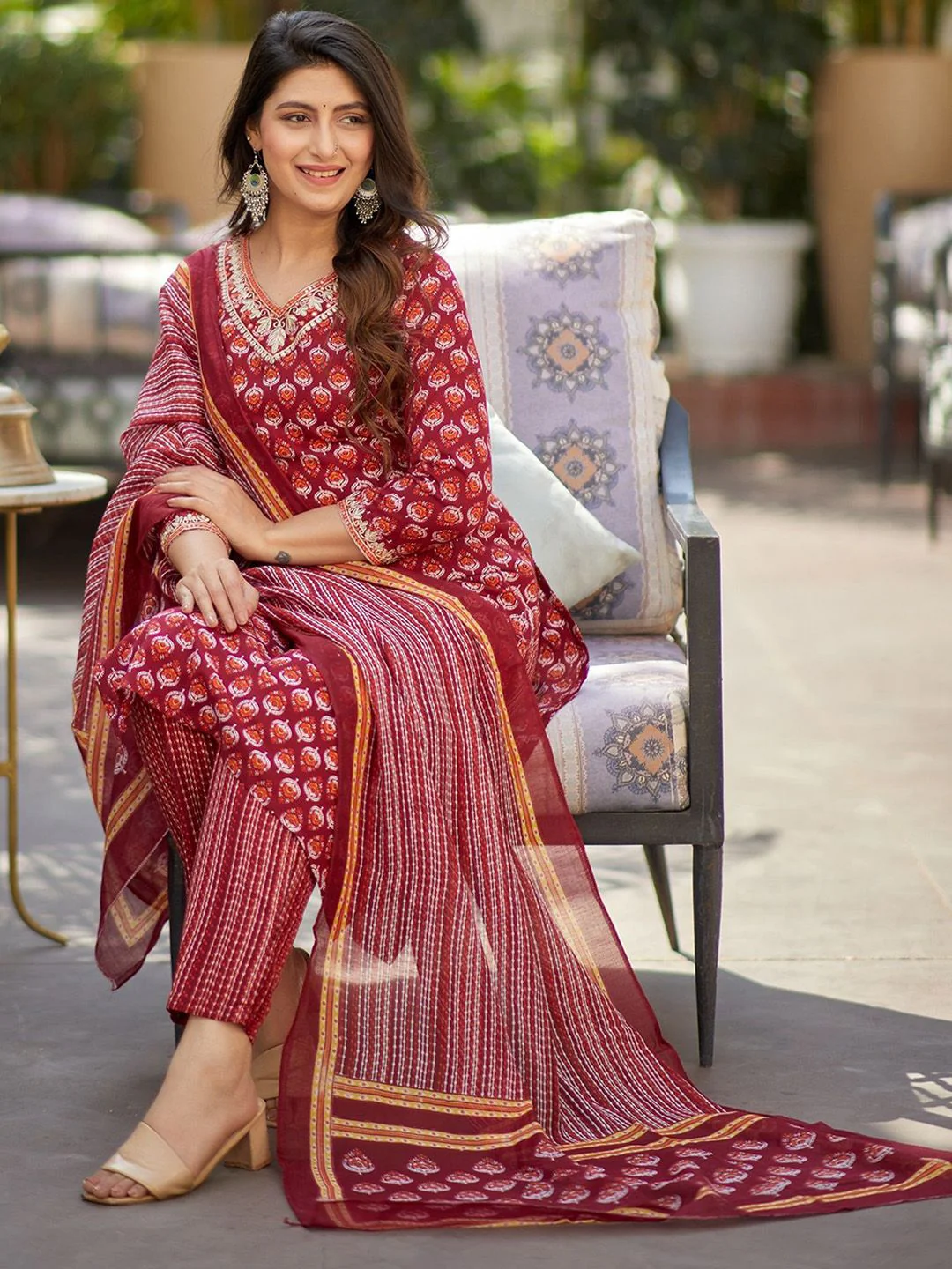 KALINI Women Floral Printed Regular Thread Work Kurta with Trousers & With Dupatta - Image 4