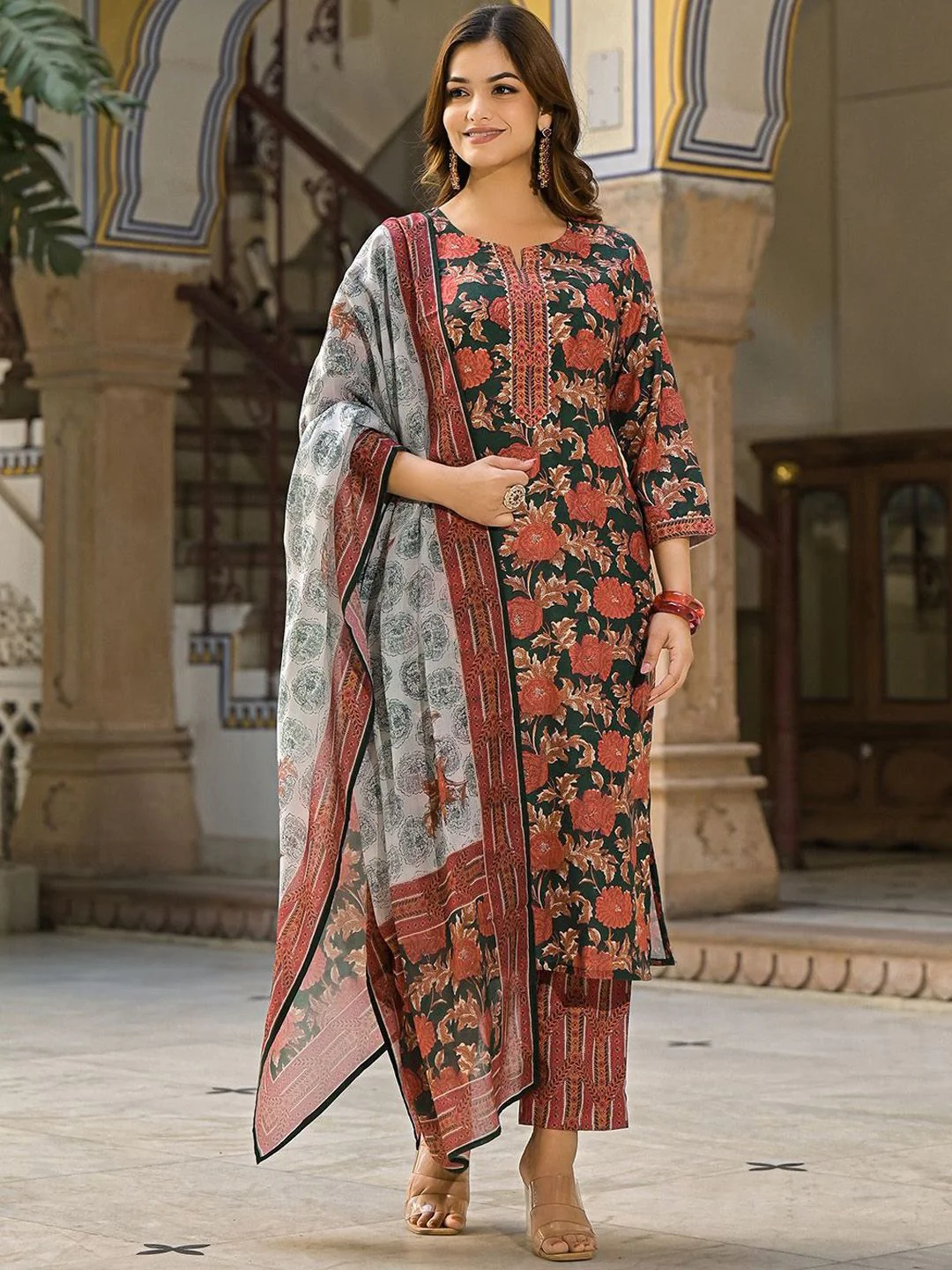 KALINI Women Floral Printed Round Neck Straight Kurta with Trousers & With Dupatta - Image 2