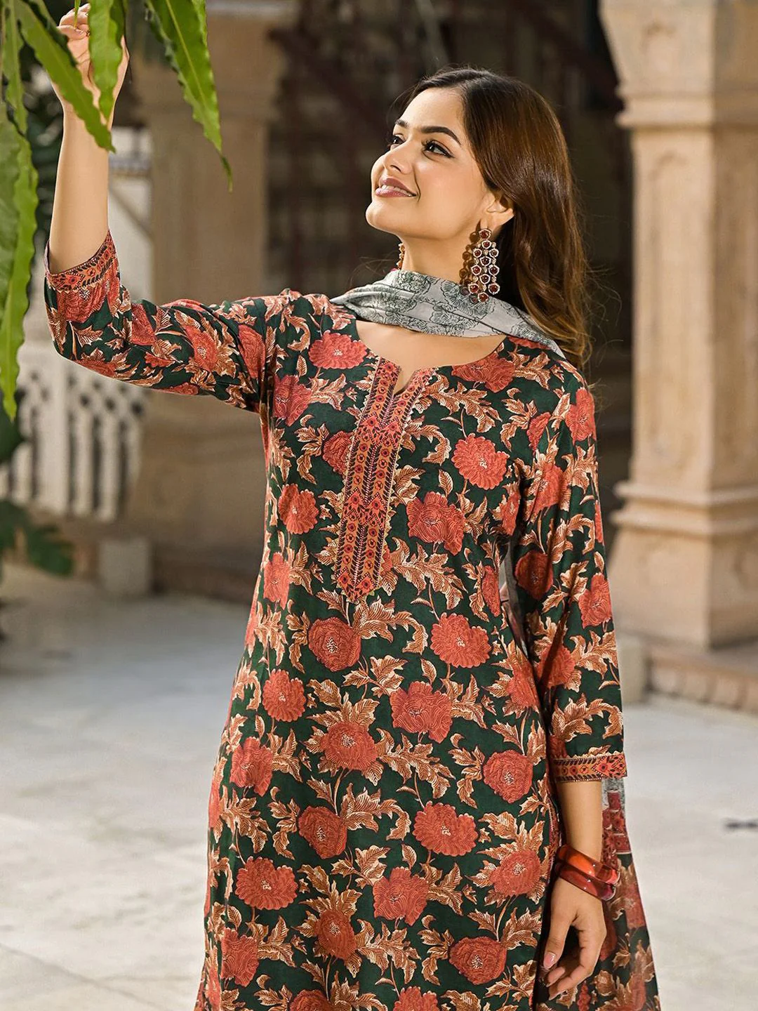 KALINI Women Floral Printed Round Neck Straight Kurta with Trousers & With Dupatta - Image 3